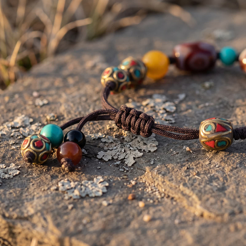 Close-up of the braided sliding knot on dark brown cord, the tails ending in an inlaid copper bead, a blue-green bead, a black bead and a red-brown bead