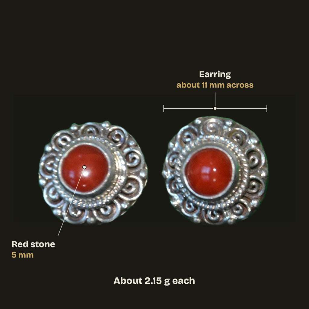 Size guide: red stone filigree stud earring about 11 mm across with a 5 mm red stone, about 2.15 g each