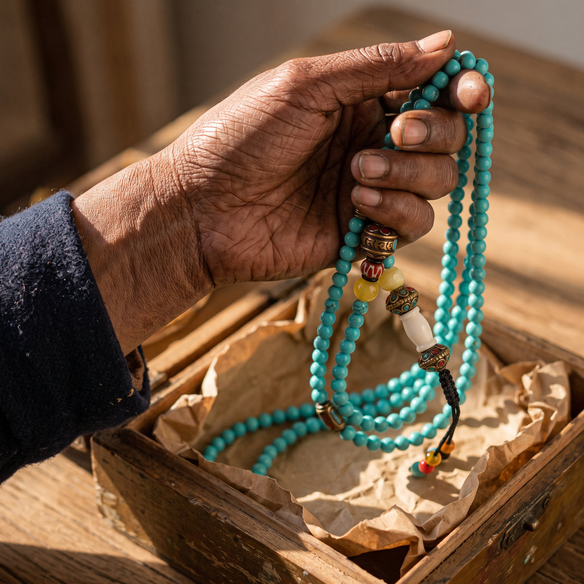 Weathered hand lifting a long turquoise mala above an open wooden box
