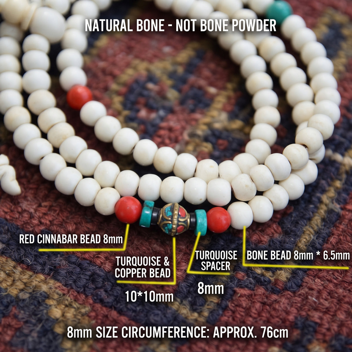 Yak bone mala close-up with red and turquoise beads around an inlaid copper bead, with size labels, on a red and blue rug