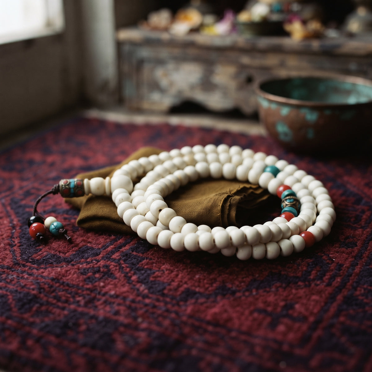 108 Bead Yak Bone Turquoise Cinnabar Mala