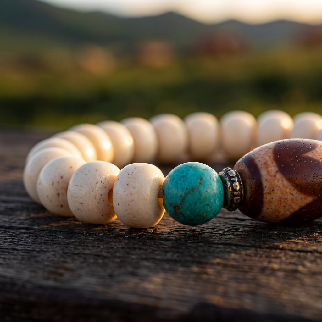 Close-up of cream bone beads, a veined turquoise bead with a metal cap and a brown and cream focal bead