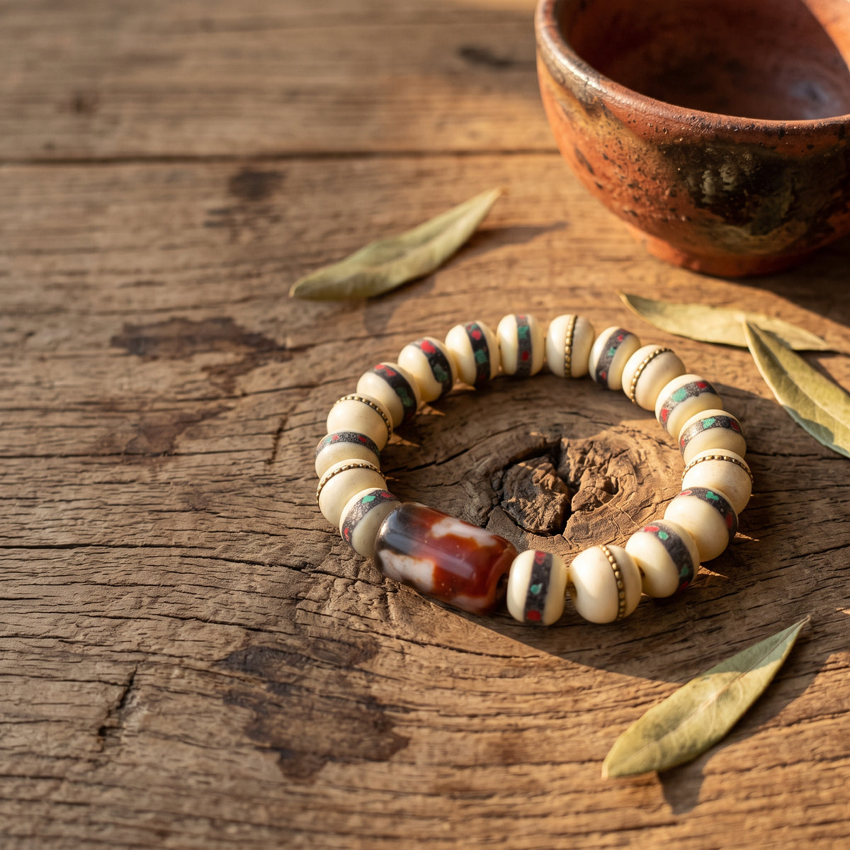 Inlaid bone bead bracelet with a red-brown dzi bead on cracked wood among dried olive leaves
