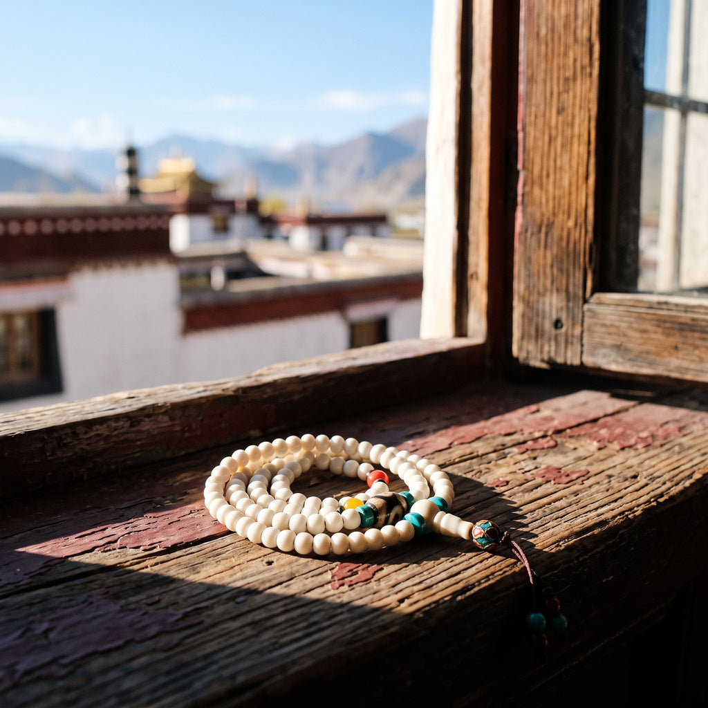White yak bone mala coiled on a sunlit wooden windowsill, rooftops and mountains outside