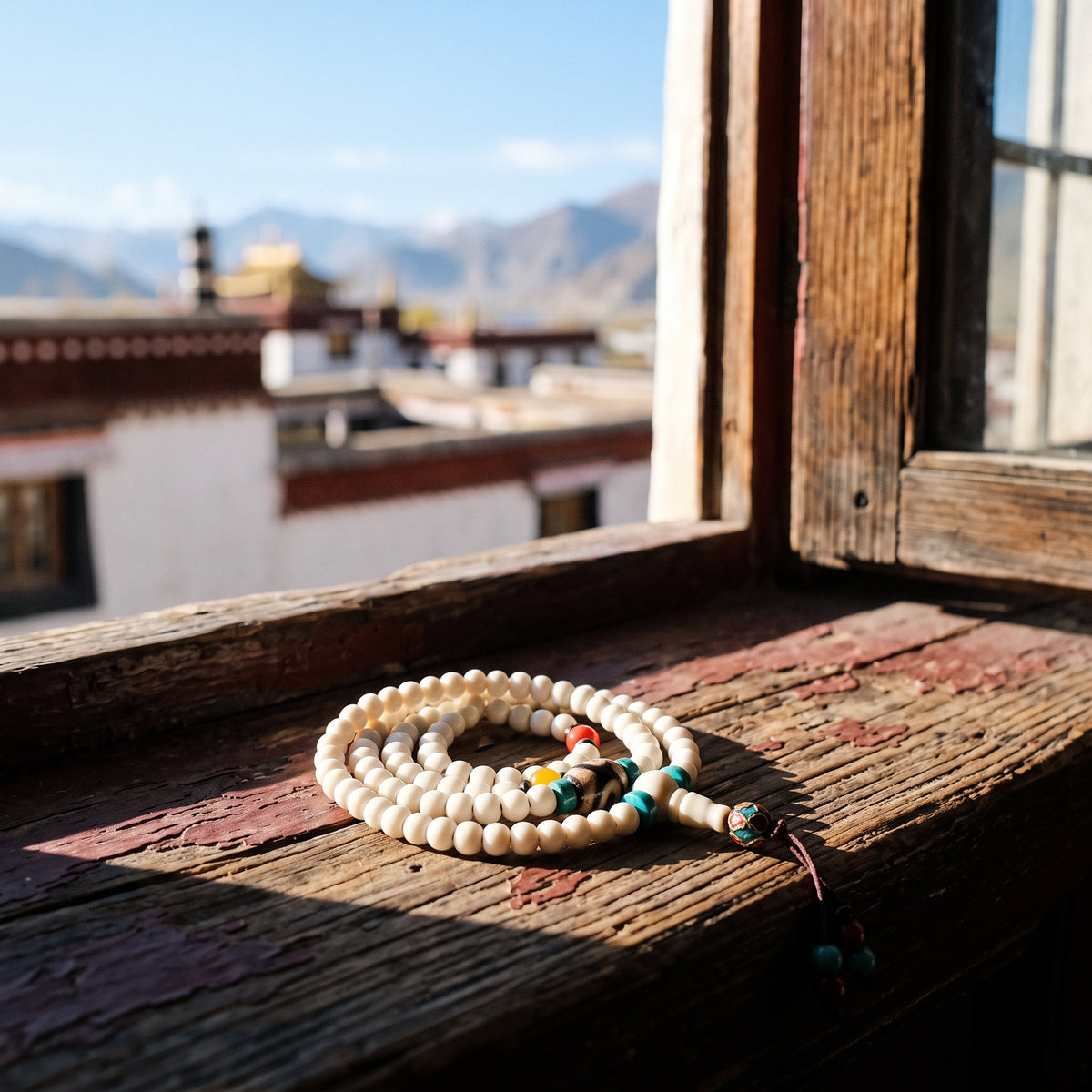 White yak bone mala coiled on a sunlit wooden windowsill, rooftops and mountains outside