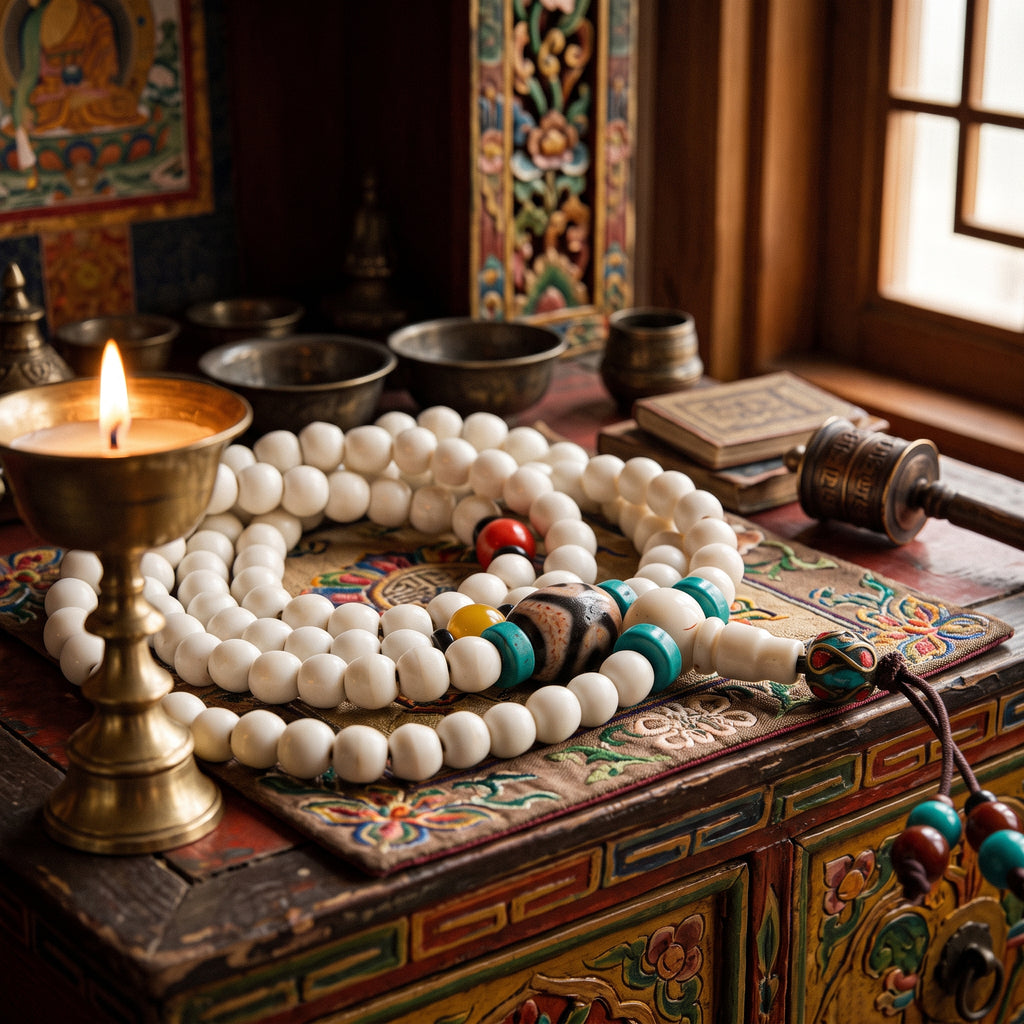 Bone mala spread on a painted altar table with a lit butter lamp, offering bowls and a prayer wheel