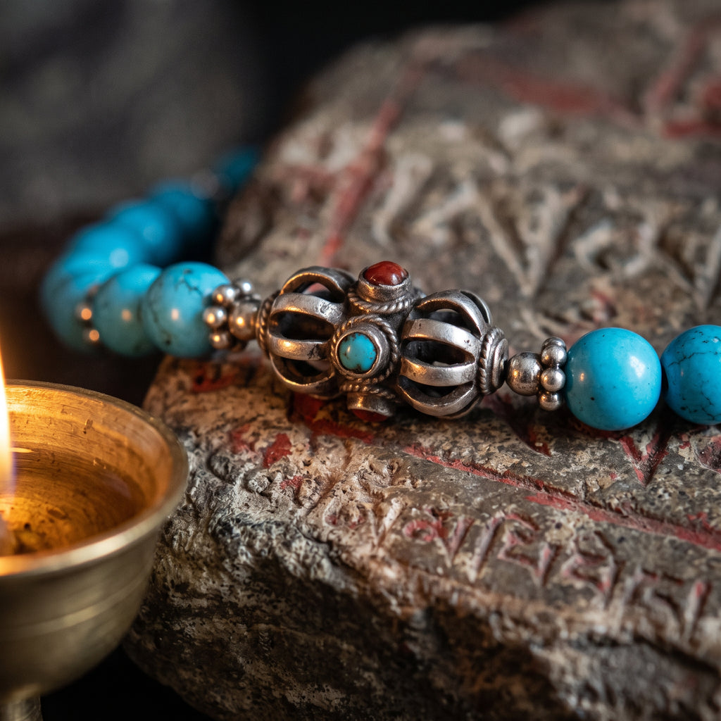 Close-up of an openwork silver vajra set with turquoise and red stones, resting on a carved stone by a brass bowl