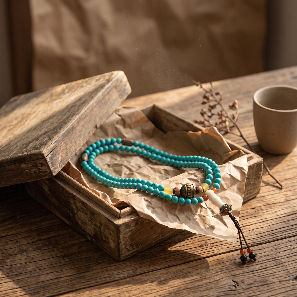 Turquoise mala draped over a wooden box lined with paper, a ceramic cup and dried stems behind