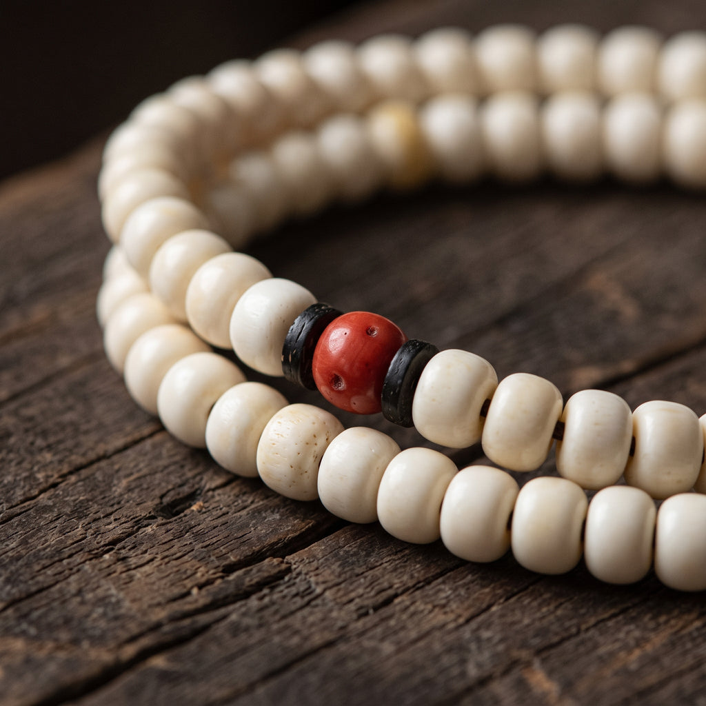 Close-up of white bone beads with one red bead between black spacers, on dark wood