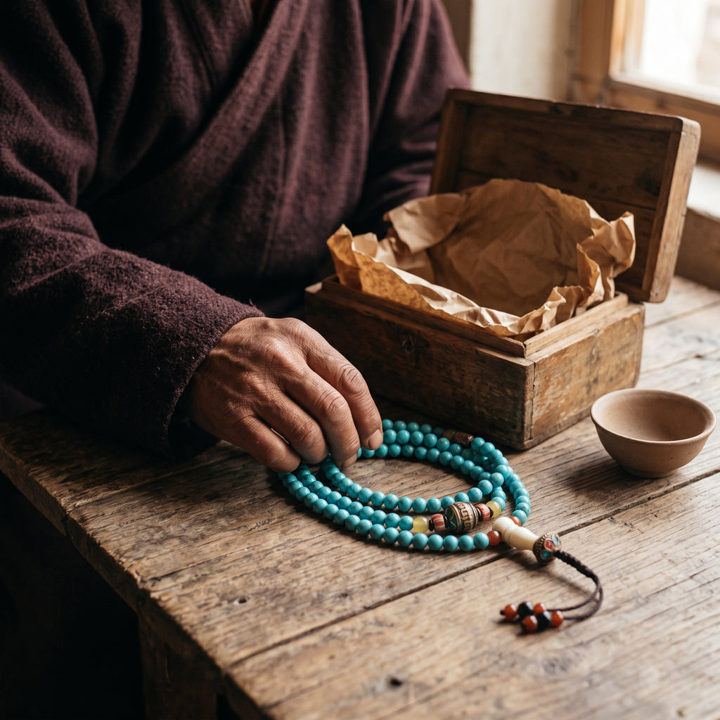 Hand laying a turquoise mala on a wooden table beside an open box and a small clay cup