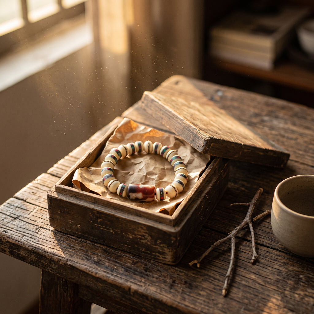 Bone bead bracelet in a small wooden box on an old stool, warm window light and a ceramic cup