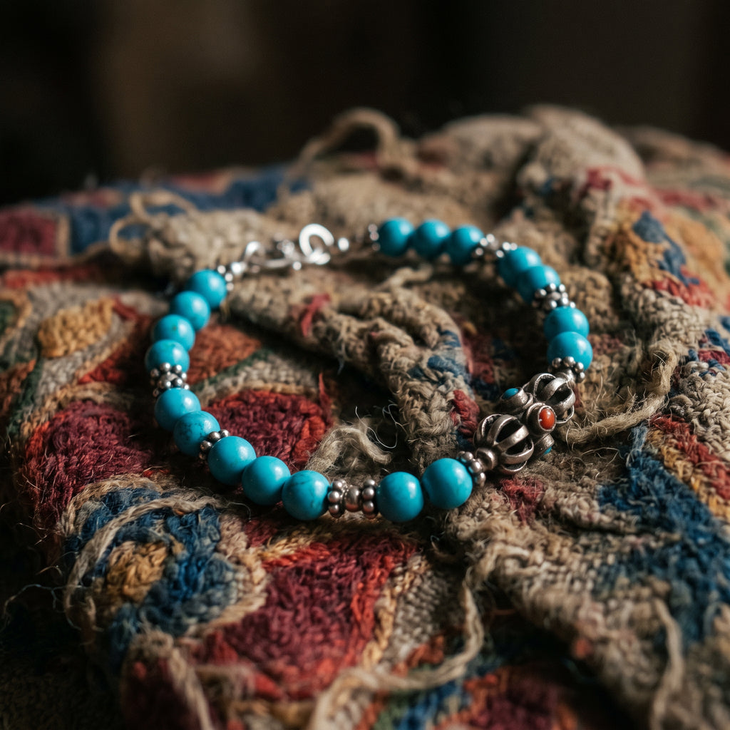 Turquoise vajra bracelet resting on a worn embroidered cloth in low warm light