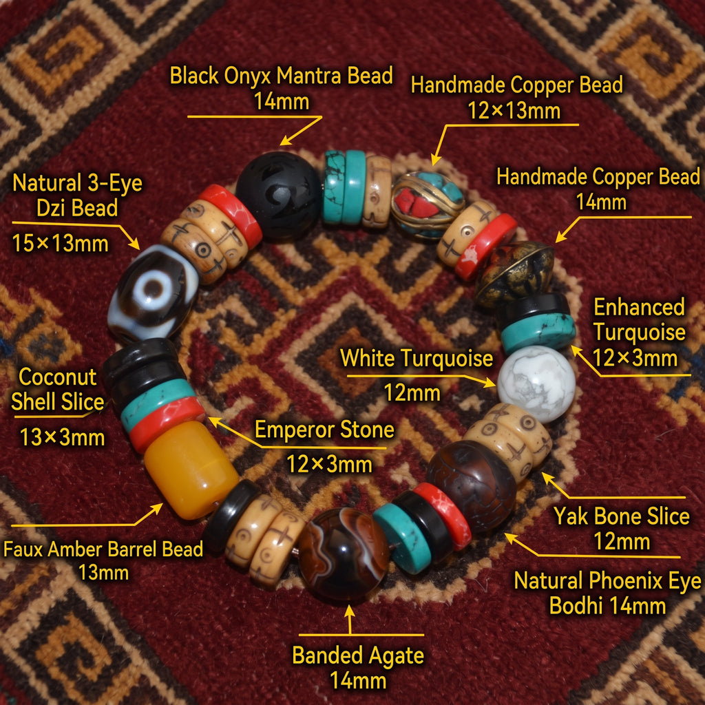 Three-Eyed Dzi & Carved Bone Bracelet