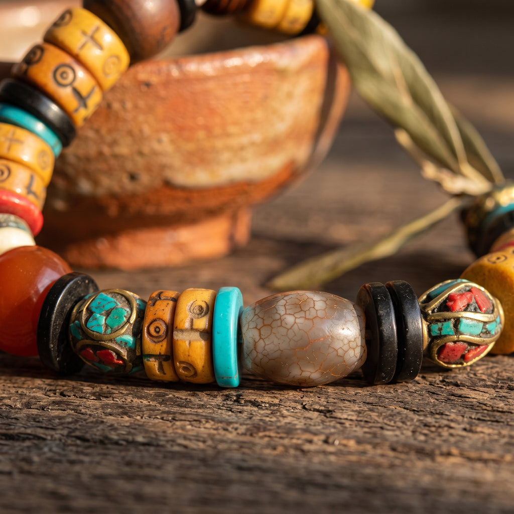 Close-up of carved yellow bone beads, turquoise discs and a turquoise-and-red inlaid bead around a crackled gray bead