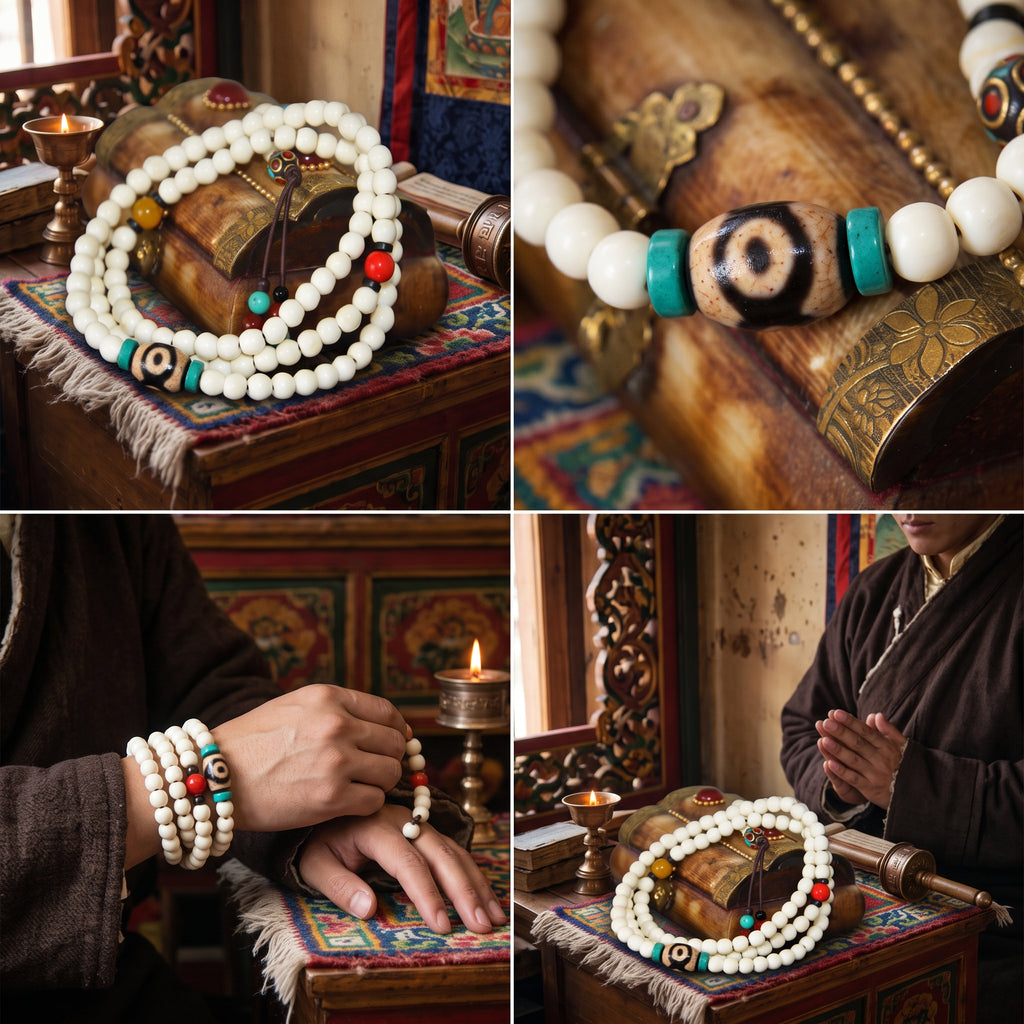 Four-photo grid: bone mala on a carved box, the dzi up close, the mala wrapped on a wrist, and hands at prayer