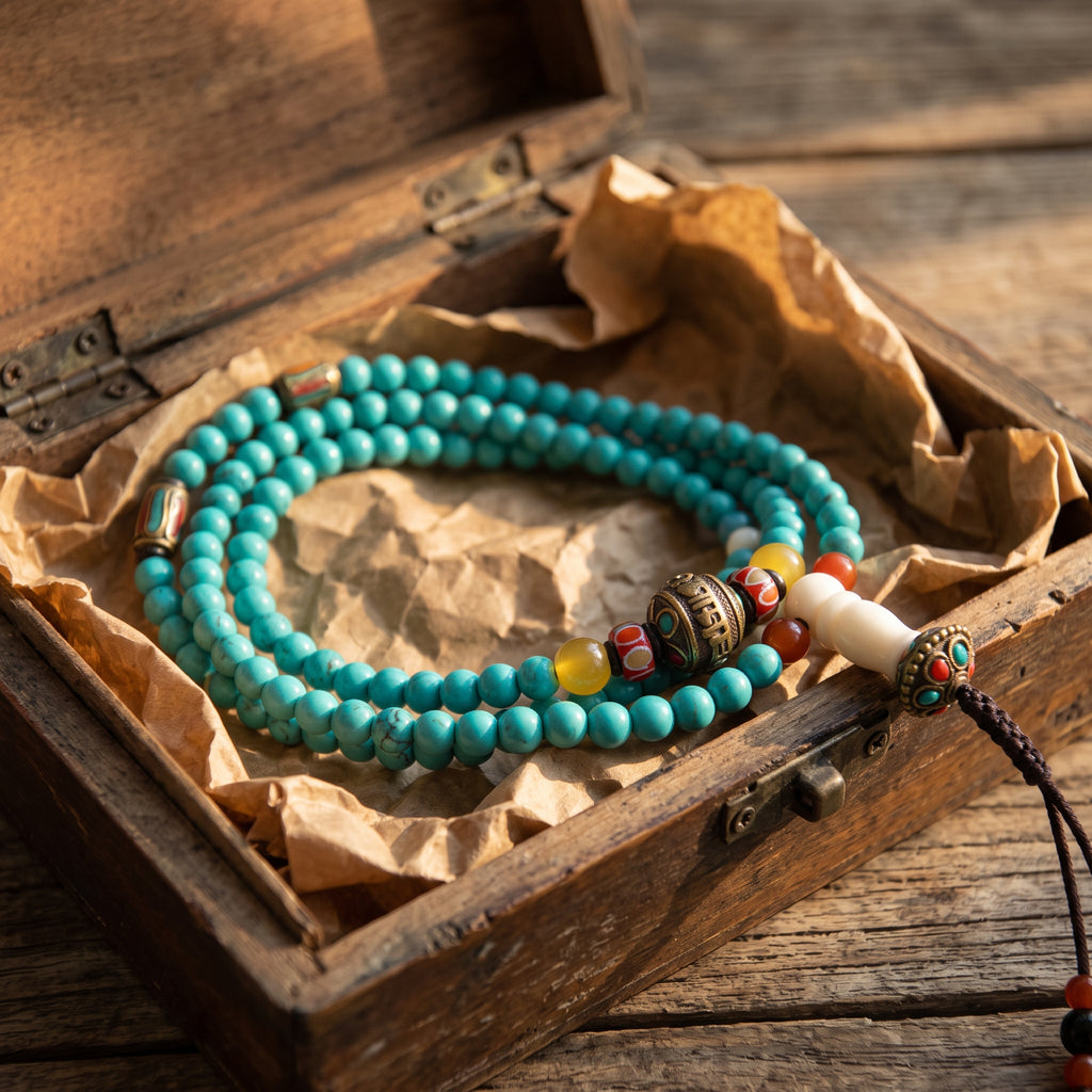 Turquoise mala coiled on crumpled brown paper in a wooden box, its tasseled guru bead hanging over the edge