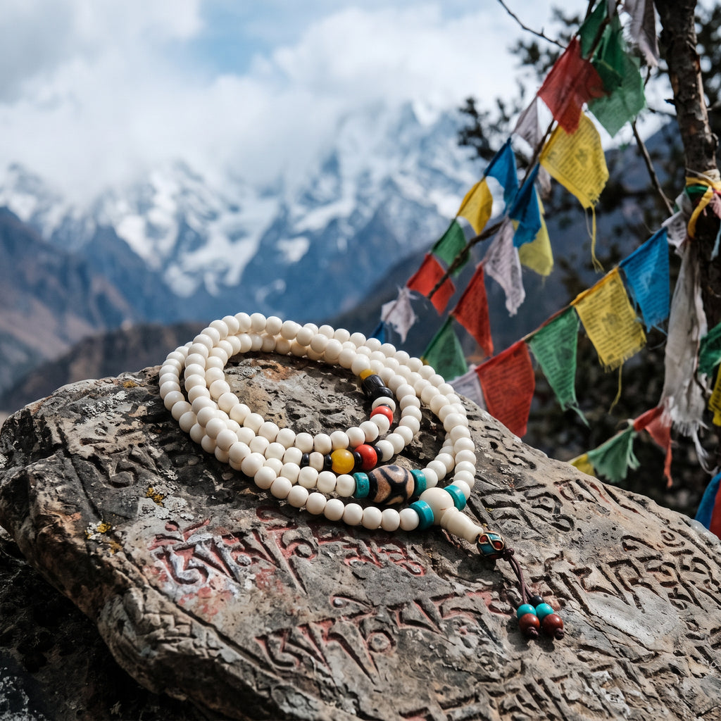 Bone mala on a carved mani stone, prayer flags and snowy mountains behind