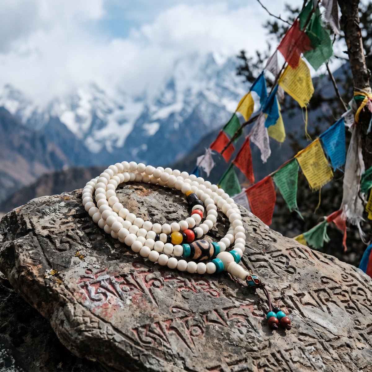 Bone mala on a carved mani stone, prayer flags and snowy mountains behind