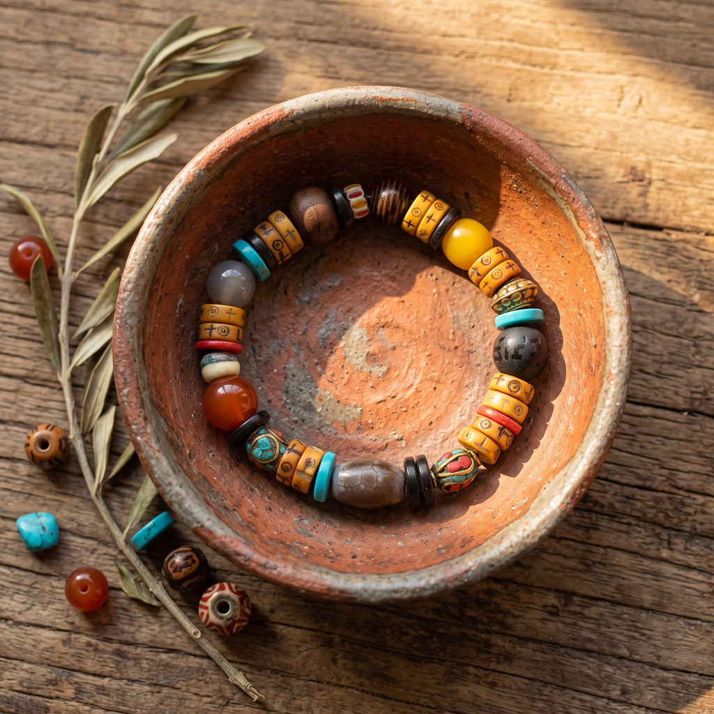 Mixed-bead bracelet resting inside a clay bowl, loose turquoise, agate and bone beads and an olive sprig beside it