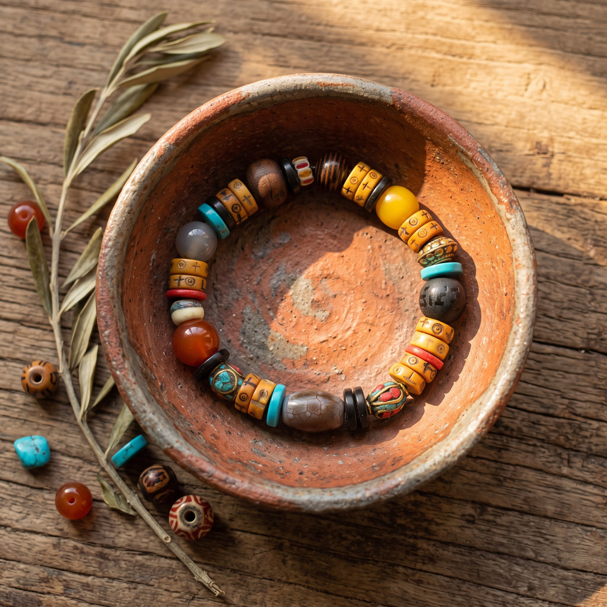 Mixed-bead bracelet resting inside a clay bowl, loose turquoise, agate and bone beads and an olive sprig beside it