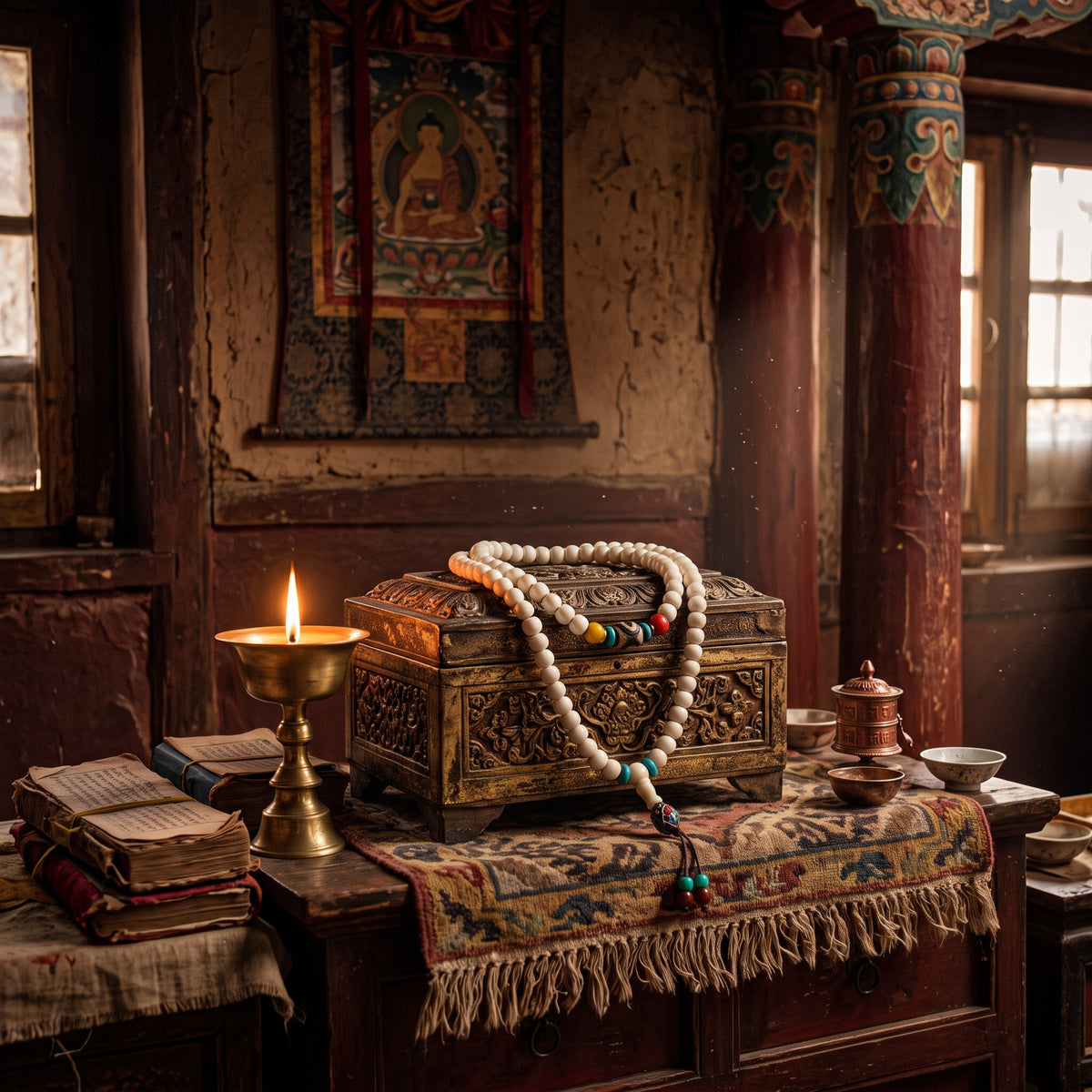 Bone mala draped over a carved chest in a temple room, a butter lamp and thangka in the background