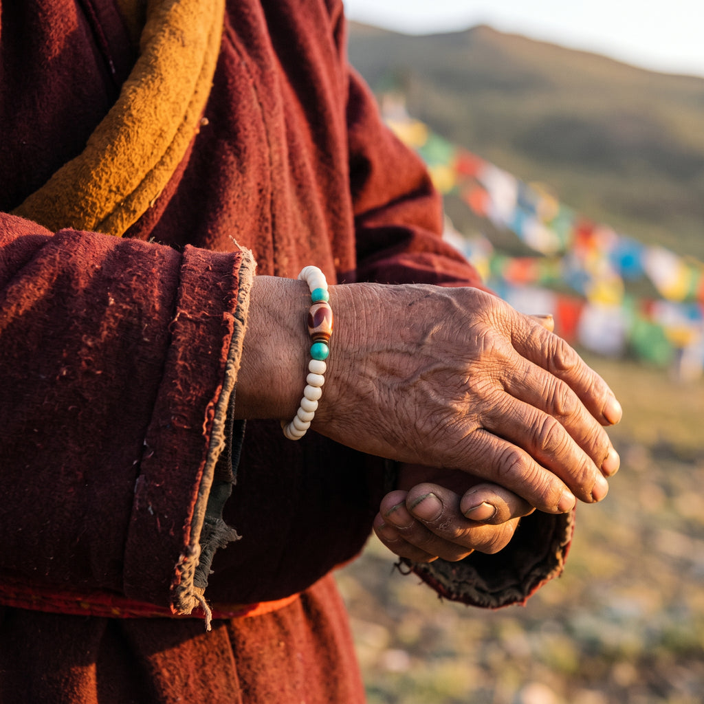 Older hands in a maroon robe, one wrist wearing a bone and turquoise bracelet, prayer flags behind