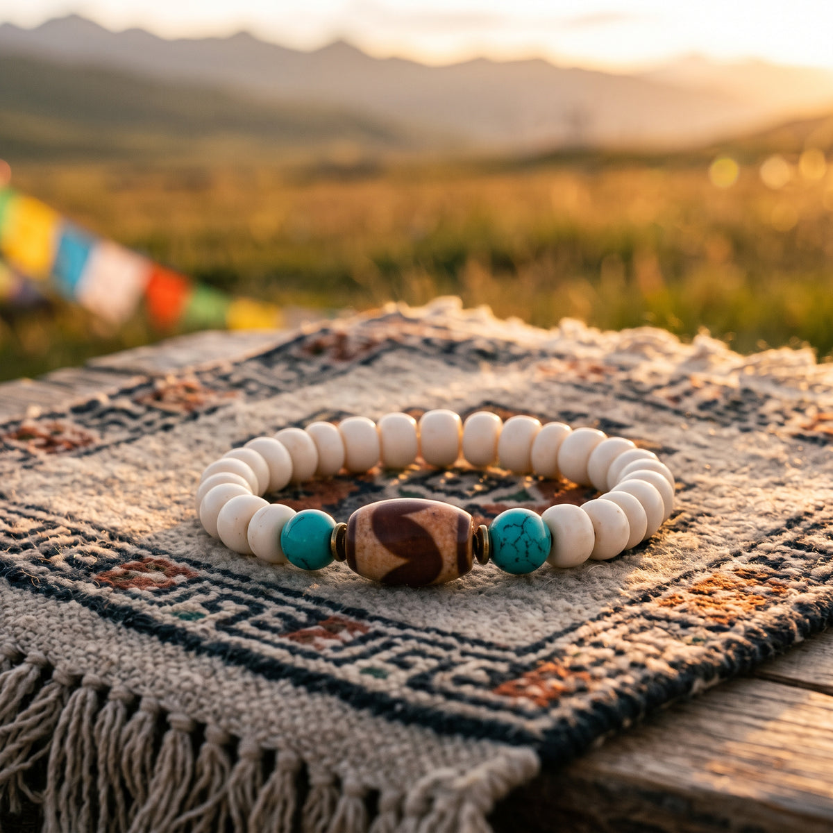 Bone bead bracelet with two turquoise beads and a brown patterned focal bead on a woven mat, grassland at sunset