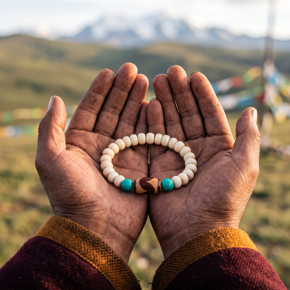 Open palms holding a bone bead bracelet with turquoise and a patterned bead, mountains and prayer flags behind