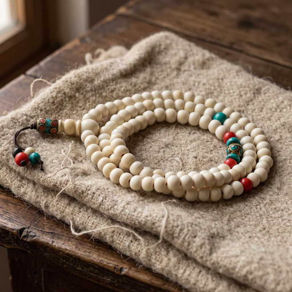 108-bead white yak bone mala coiled on undyed wool cloth, with red and turquoise accent beads and an inlaid brass guru tube
