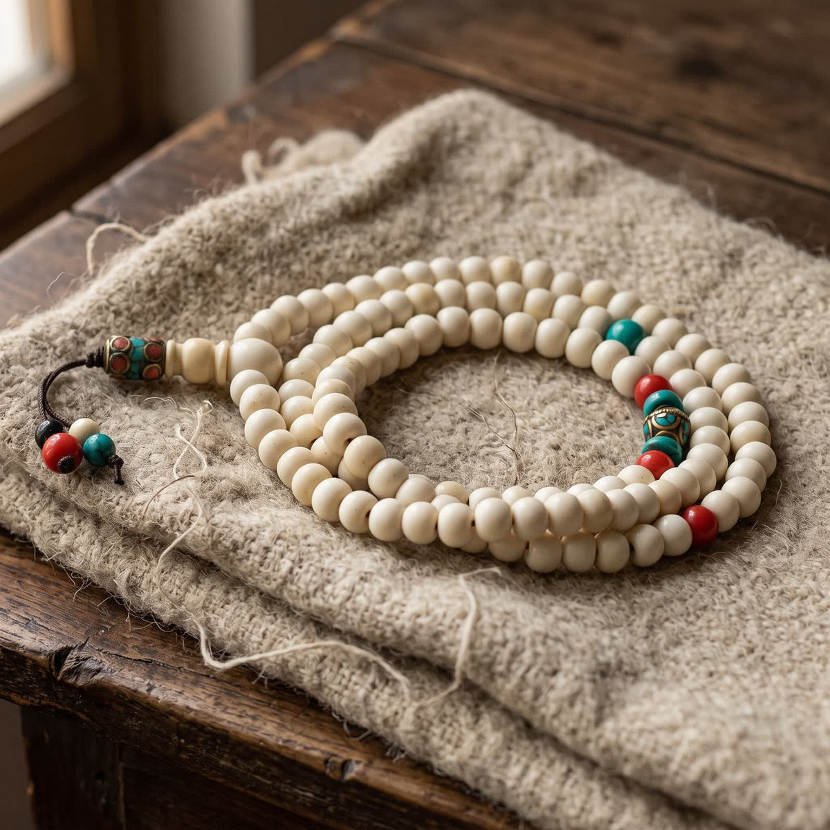 108-bead white yak bone mala coiled on undyed wool cloth, with red and turquoise accent beads and an inlaid brass guru tube