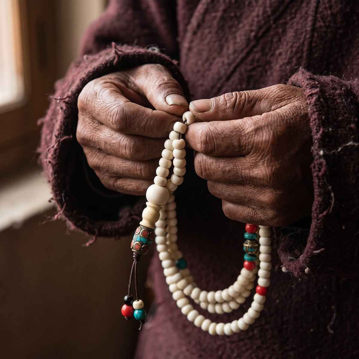 Weathered hands counting the yak bone mala bead by bead, maroon wool sleeves