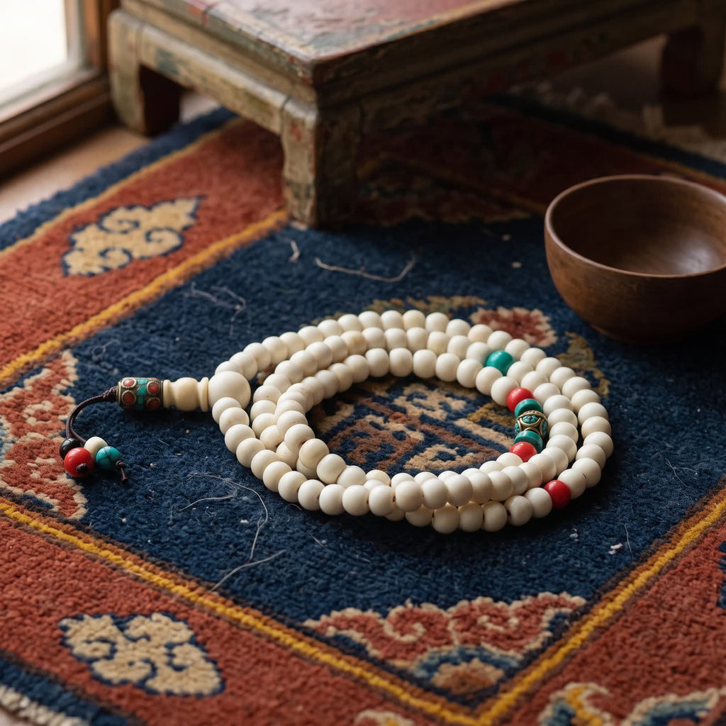 Yak bone mala coiled on a Tibetan khaden rug beside a small wooden tea bowl