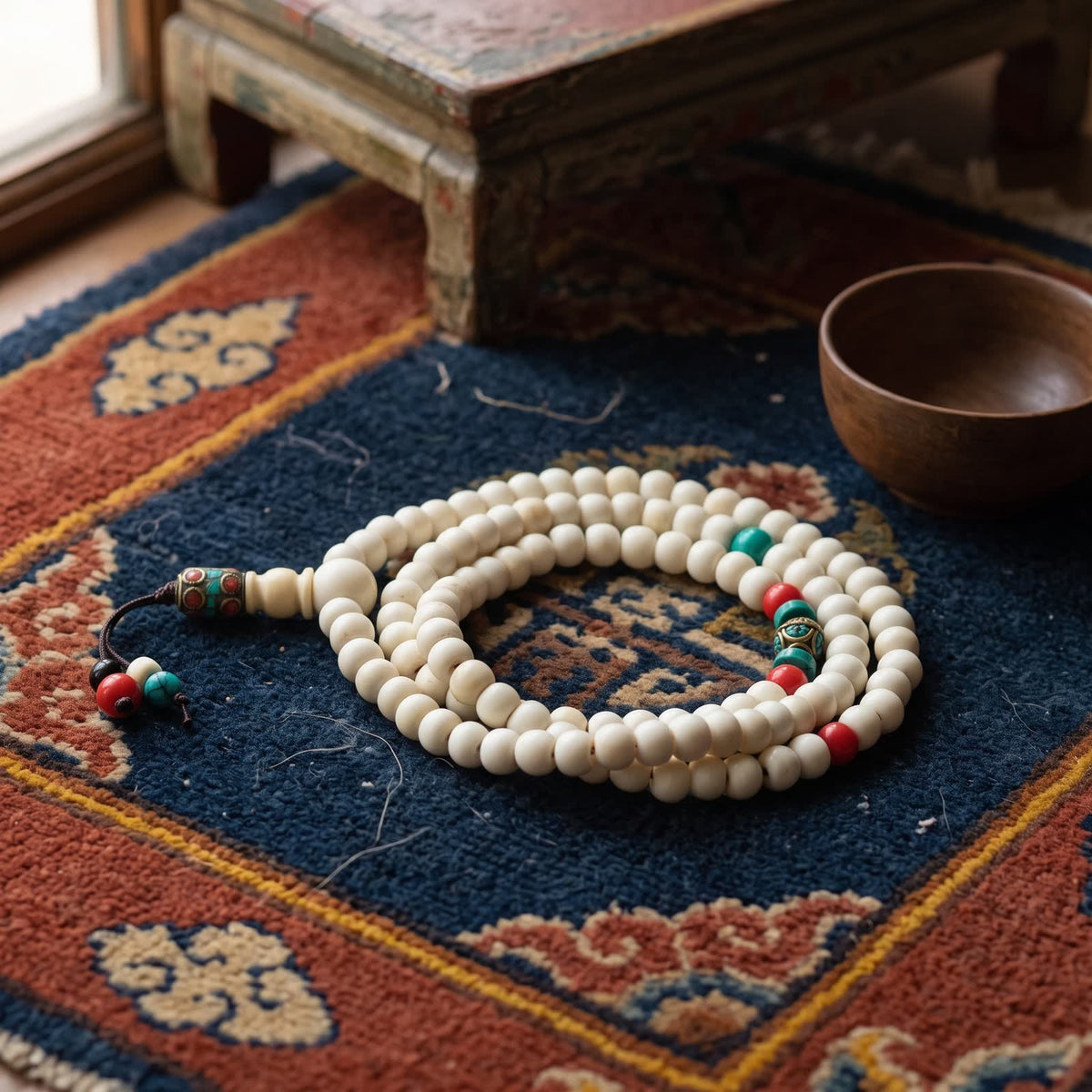 Yak bone mala coiled on a Tibetan khaden rug beside a small wooden tea bowl