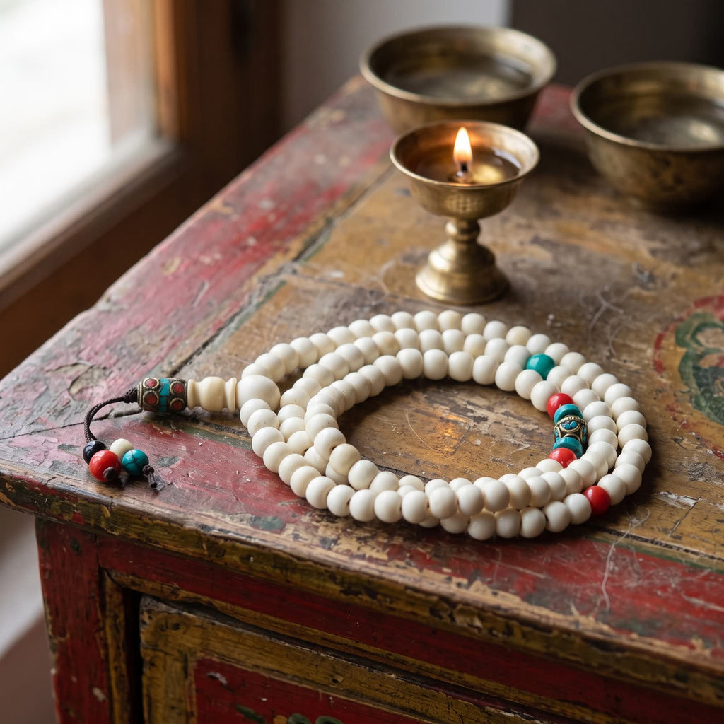 Yak bone mala on a painted Tibetan altar cabinet beside a lit brass butter lamp and offering bowls