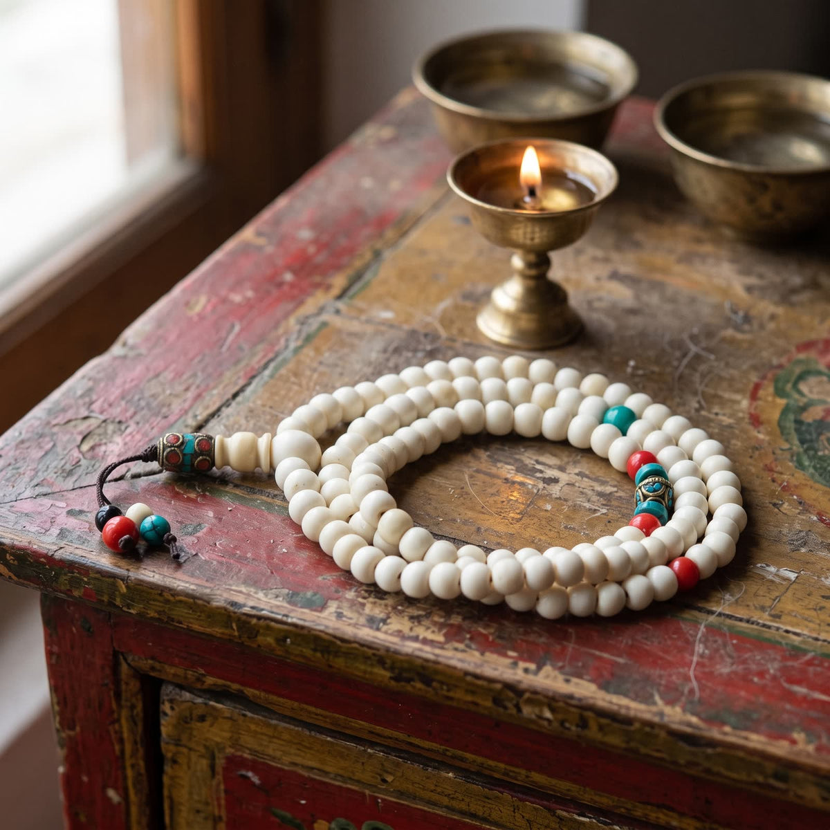 Yak bone mala on a painted Tibetan altar cabinet beside a lit brass butter lamp and offering bowls