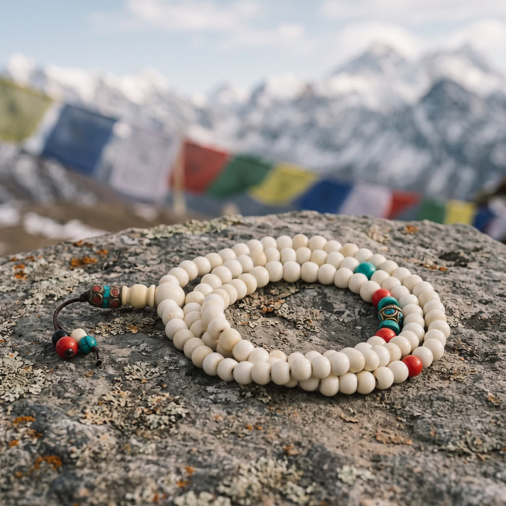 Yak bone mala on a lichen-covered stone with prayer flags and snow peaks blurred behind