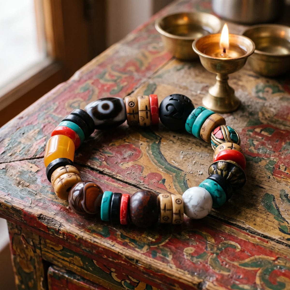 Dzi bracelet on a painted Tibetan altar cabinet beside a small brass butter lamp