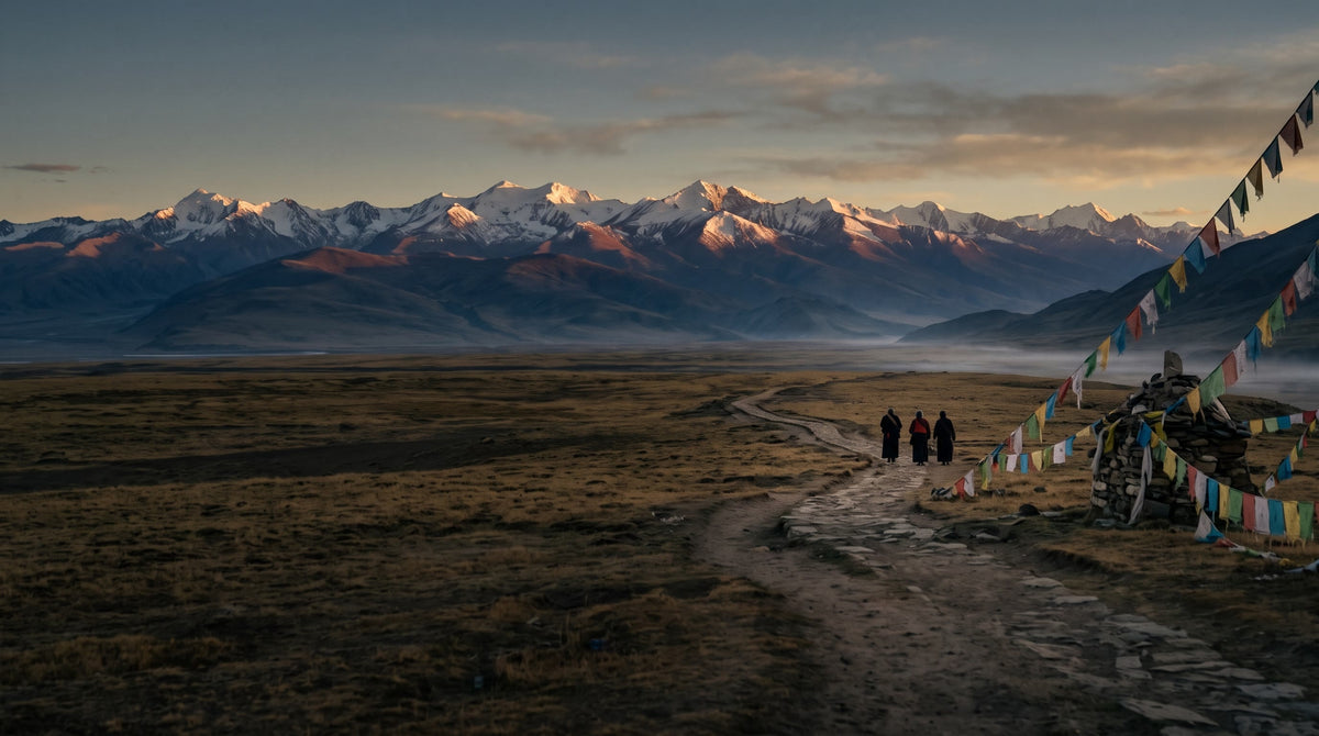 Three pilgrims walking a kora path toward snow-capped Himalayan peaks at sunrise, prayer flags on a mani stone cairn
