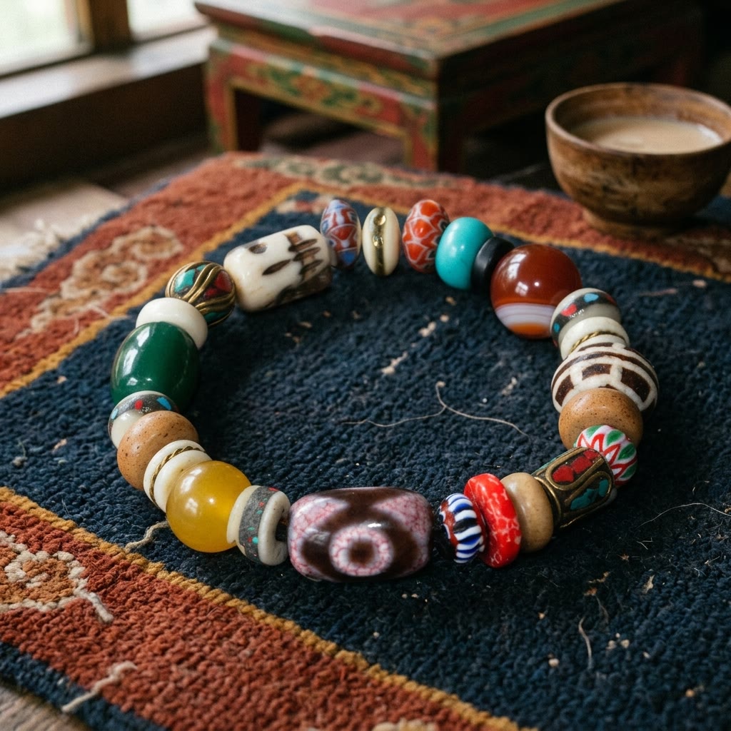Multi-gem bracelet with a three-eyed dzi on a dark blue and rust khaden rug, butter tea and painted table behind