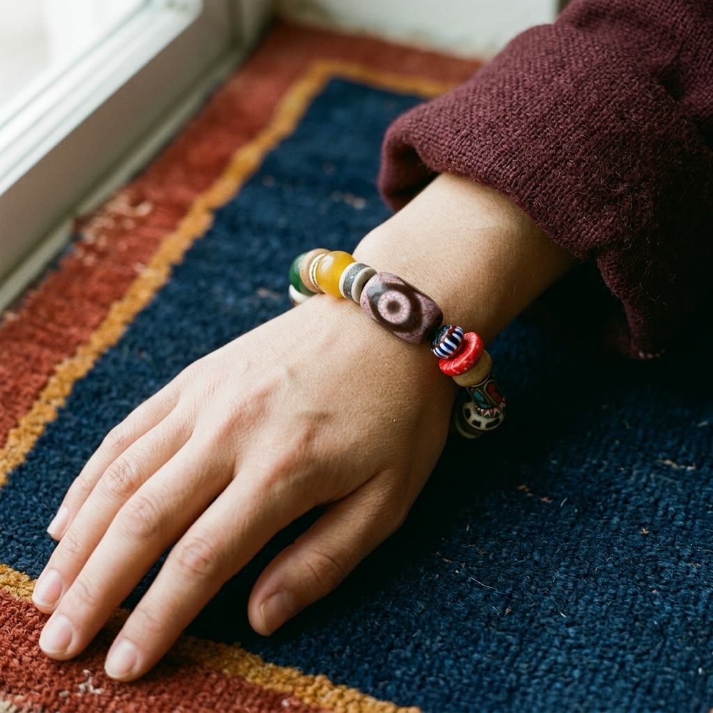 Bracelet with the three-eyed dzi worn on a woman's wrist, maroon wool sleeve, resting on a Tibetan rug by a window