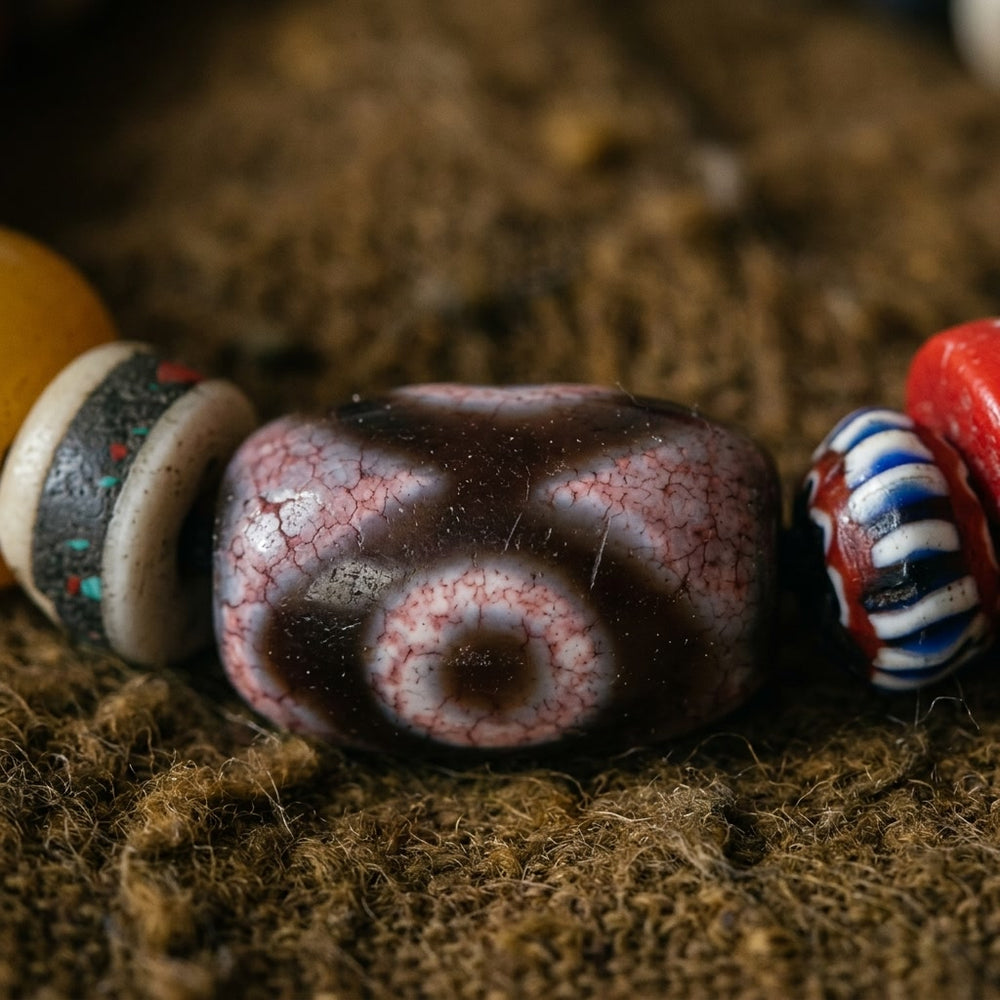 Close-up of the three-eyed dzi bead with pink-white crackle, between an inlaid bone rondelle and striped glass beads