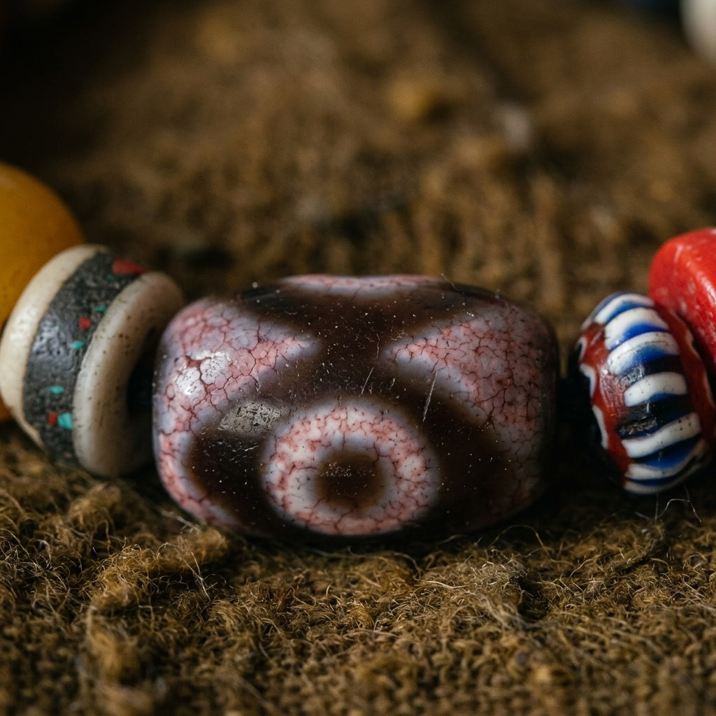Close-up of the three-eyed dzi bead with pink-white crackle, between an inlaid bone rondelle and striped glass beads