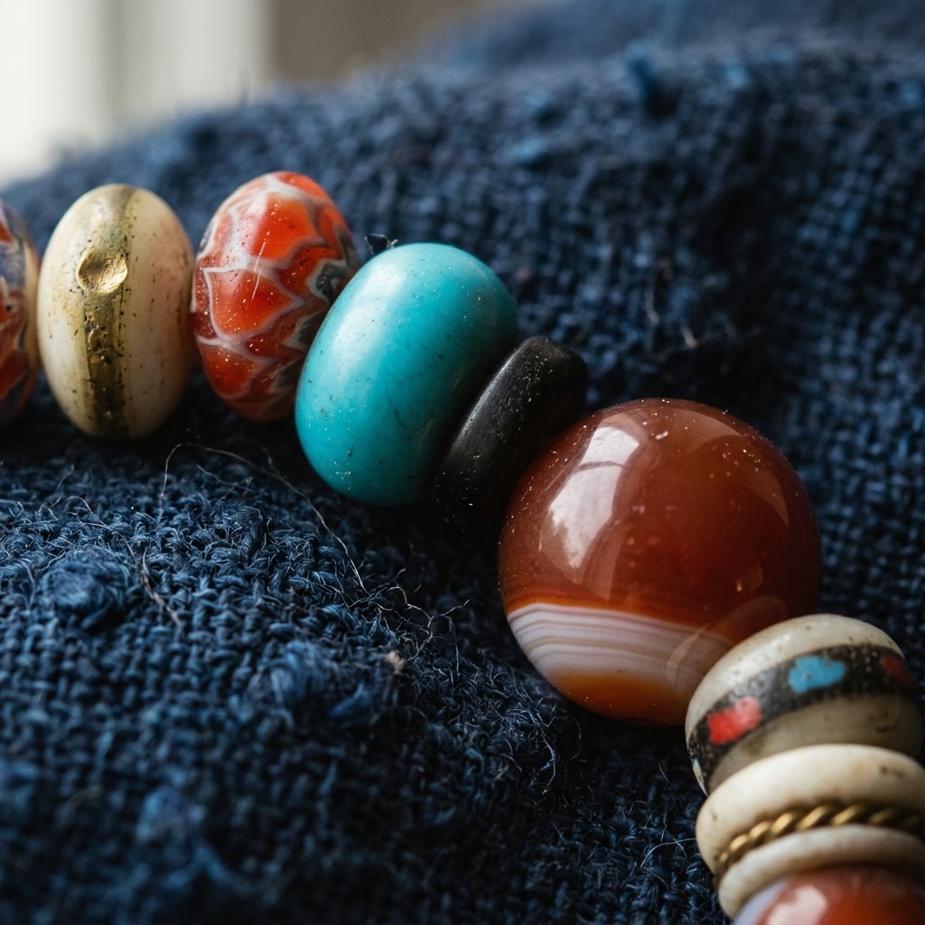 Close-up of red patterned glass, a sky-blue turquoise bead, a black disc and a banded red agate on dark blue wool