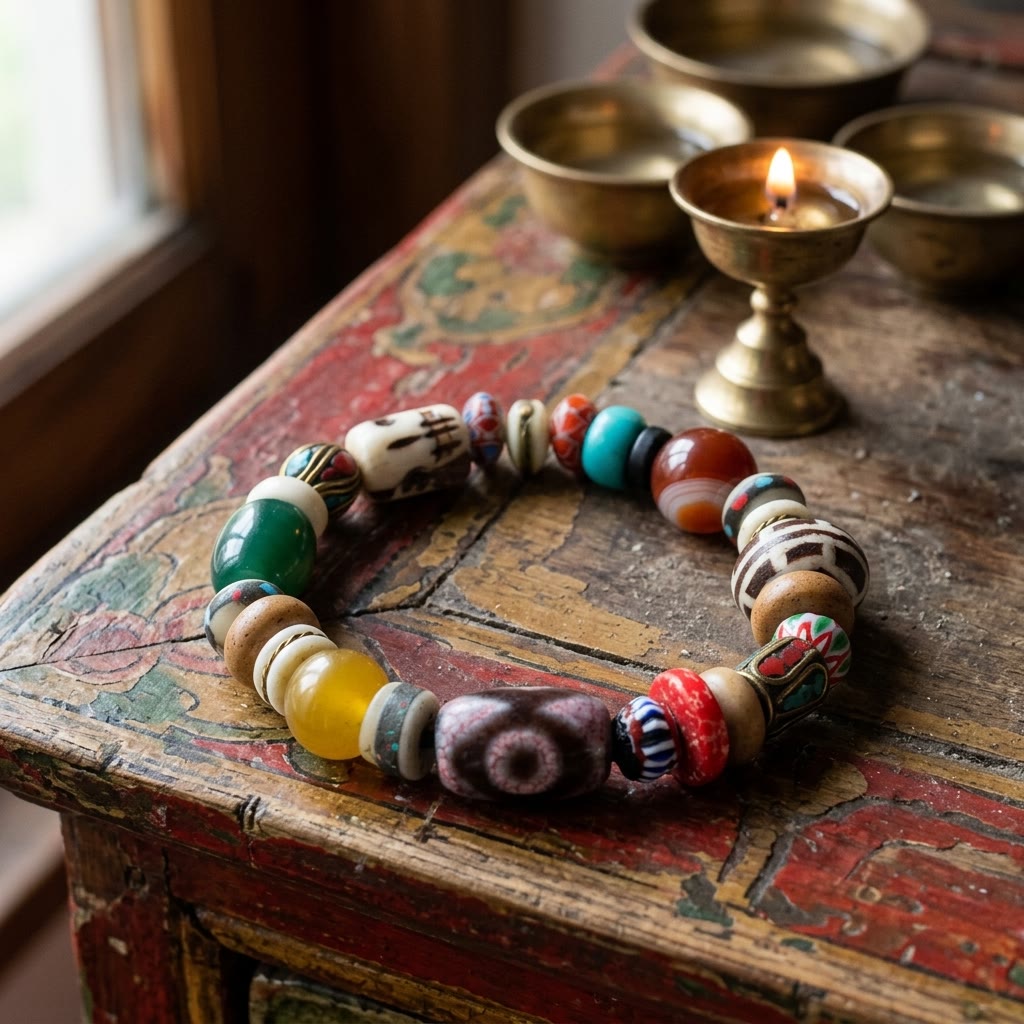 The bracelet on a painted Tibetan wooden altar beside a lit brass butter lamp and offering bowls
