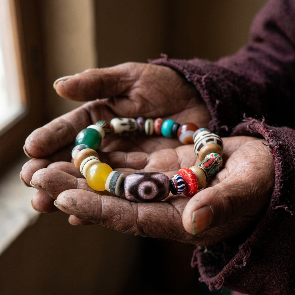 Weathered hands in a maroon wool sleeve holding the multi-gem bracelet in open palms