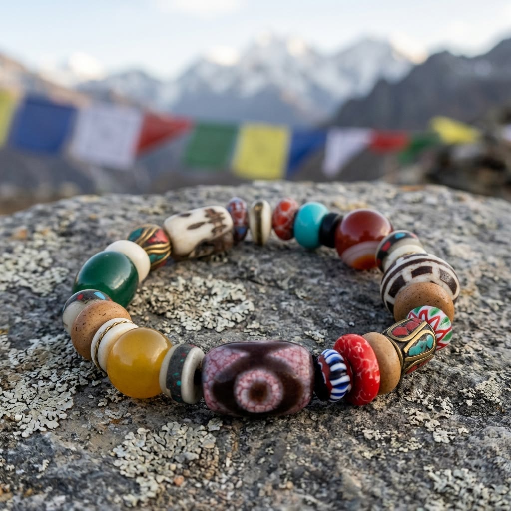 The bracelet on a lichen-covered stone with prayer flags and snow peaks blurred behind