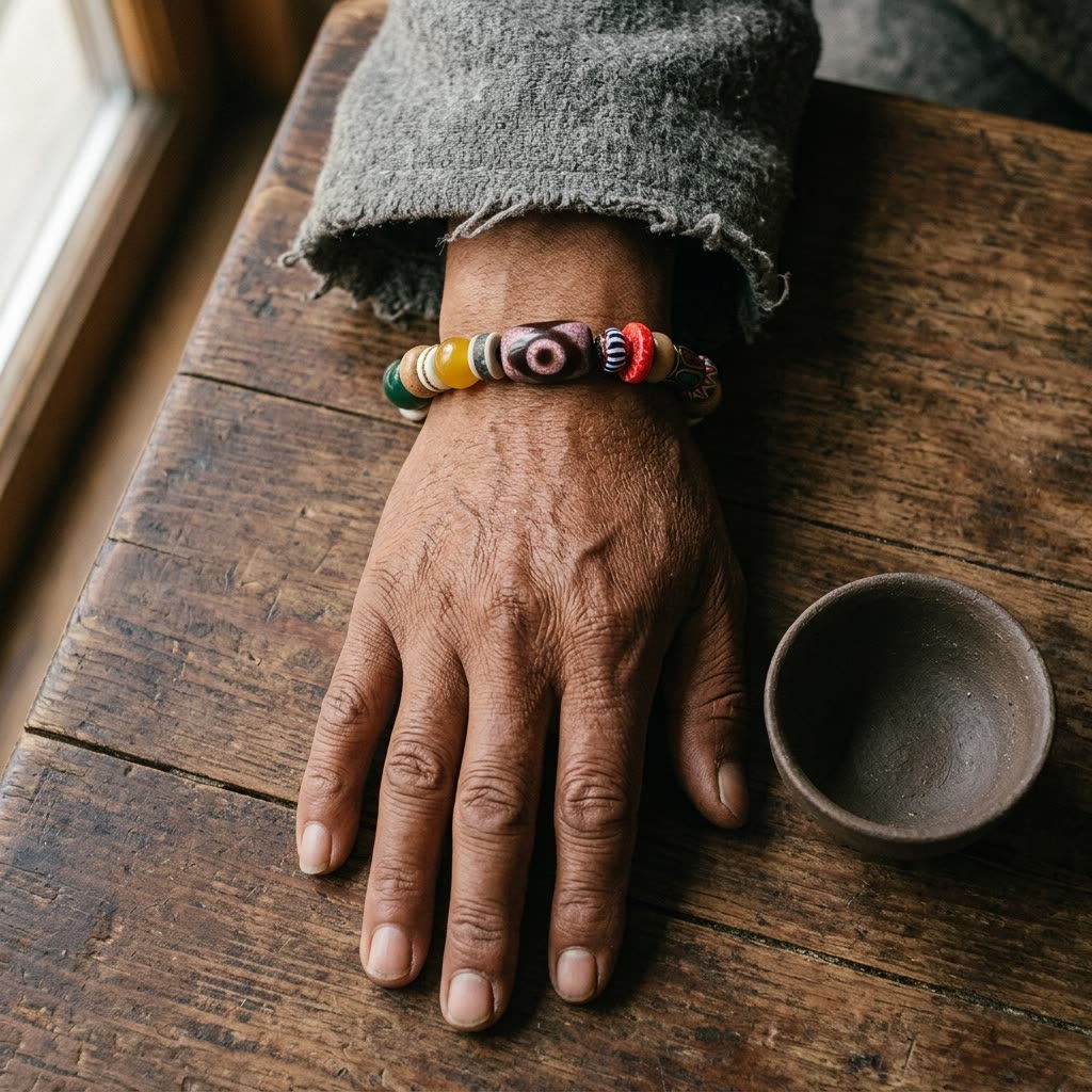 Size view: the bracelet on a man's wrist on an old wooden table beside a small clay cup