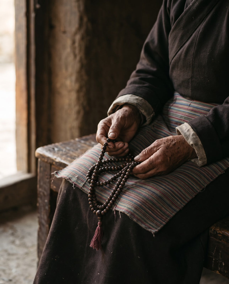 An elderly Tibetan woman's weathered hands turning a dark, worn wooden mala on her striped apron