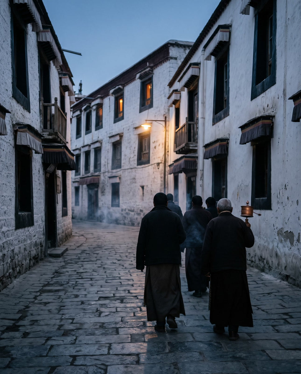 Pilgrims in dark wool coats walking away down a whitewashed Lhasa street at blue-hour dawn, one turning a hand prayer wheel through juniper smoke
