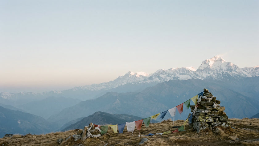 Faded prayer flags on a stone cairn on a high grassy pass, a Himalayan snow range in first light beyond